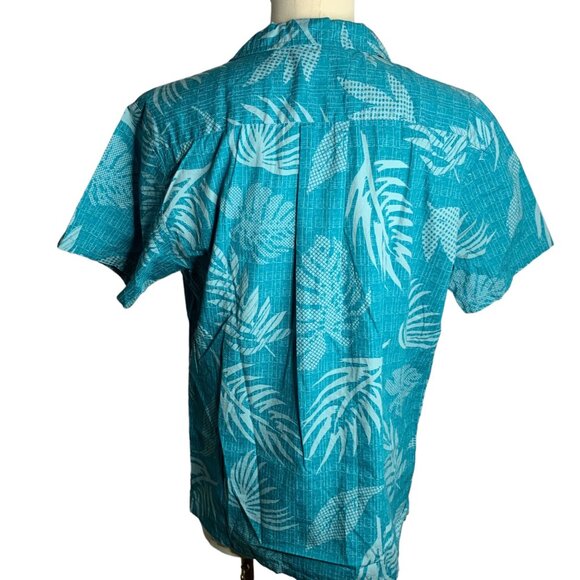 Palmwave Button Up Hawaiian Camp Shirt L Blue Floral Leaves Pocket Short Sleeve - Picture 5 of 6